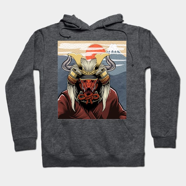 Bull with Lion Hair Samurai Helmet Hoodie by TheStuffInBetween